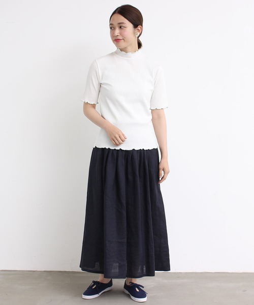 aimer le mieux（エメルミュー）の「aimer　【WEB別注】リブメロー配色ハイネック5部袖プルオーバー（Tシャツ/カットソー・レディース・ライトグリーン/ネイビー/ピンクベージュ・FREE）」の5枚目の写真