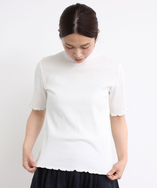 aimer le mieux（エメルミュー）の「aimer　【WEB別注】リブメロー配色ハイネック5部袖プルオーバー（Tシャツ/カットソー・レディース・ライトグリーン/ネイビー/ピンクベージュ・FREE）」の4枚目の写真