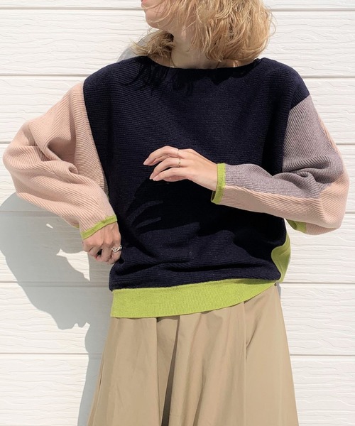 Q（キュー）の「ブロックカラー横リブドルマンニット（ニット/セーター・レディース・ブラック/ベージュ・MEDIUM）」の8枚目の写真