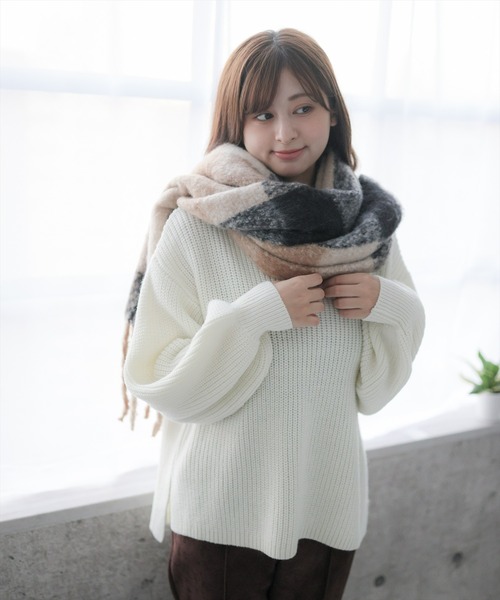 clear（クリア）の「BIGブロックチェックストール（マフラー・レディース・ベージュ/ピンク・F）」の4枚目の写真