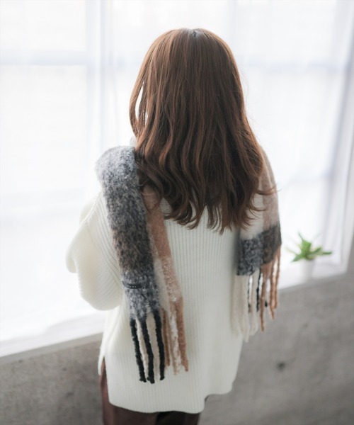 clear（クリア）の「BIGブロックチェックストール（マフラー・レディース・ベージュ/ピンク・F）」の7枚目の写真