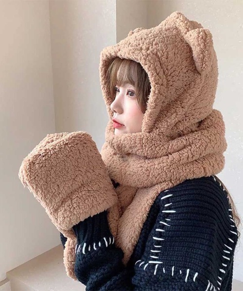 Port（ポート）の「もこもこ ボア ベア マフラー 付き 帽子 #_（ニット