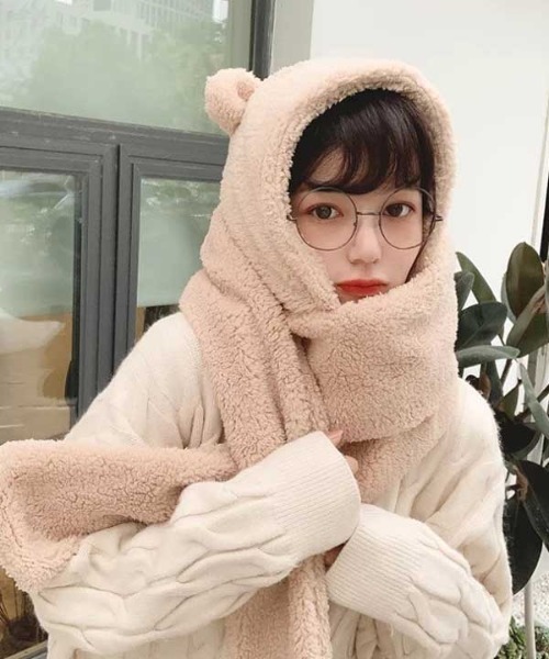 Port（ポート）の「もこもこ ボア ベア マフラー 付き 帽子 #_（ニット