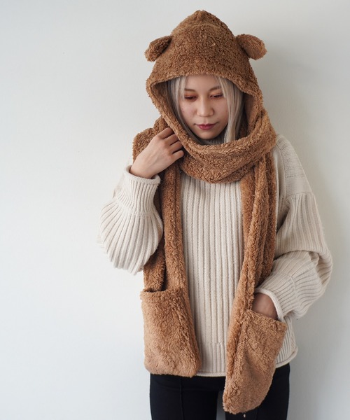 ゆ*ら様 あったか手編み帽子＆マフラー　クラウディちゃん　ボア＆デニムふわもこト Port（ポート）の「もこもこ ボア ベア マフラー 付き 帽子 #_（ニット