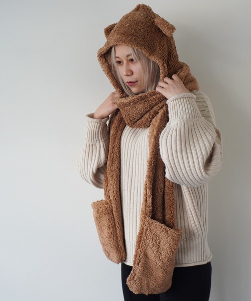Port（ポート）の「もこもこ ボア ベア マフラー 付き 帽子 #_（ニット