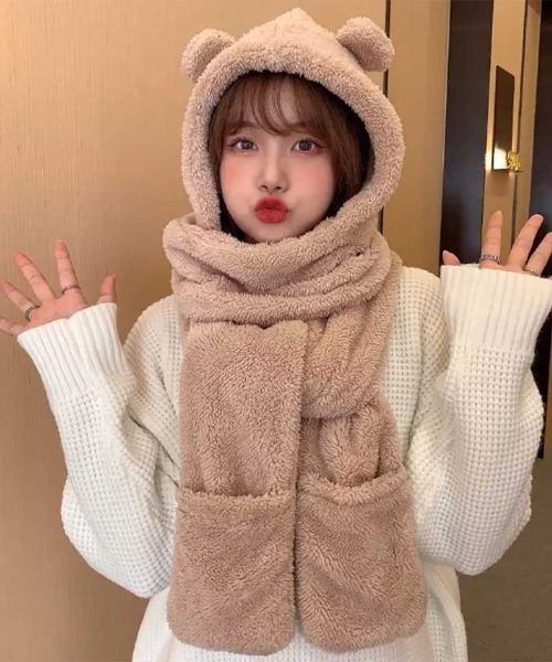 Port（ポート）の「もこもこ ボア ベア マフラー 付き 帽子 #_（ニット