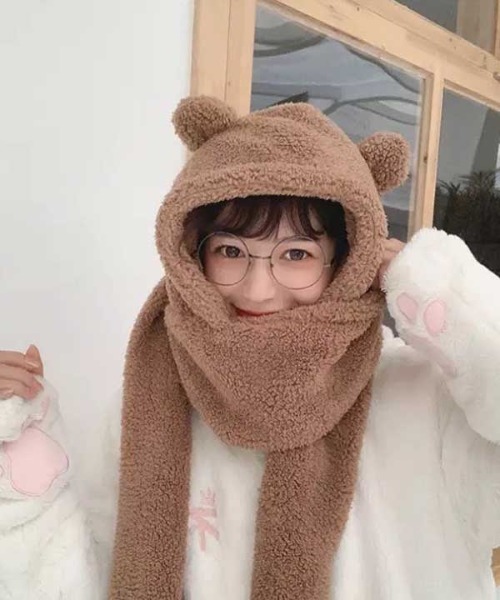 Port（ポート）の「もこもこ ボア ベア マフラー 付き 帽子 #_（ニット