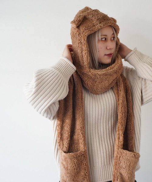 Port（ポート）の「もこもこ ボア ベア マフラー 付き 帽子 #_（ニット