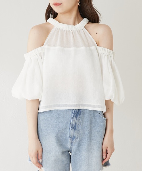 ブラウス シャツ オフショルペーパーバックブラウス レディース Heather ブラウス シャツ シアーオフショルデザインブラウス
