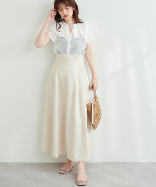 natural couture（ナチュラルクチュール）の「上品なシルエットが魅力 リネンライクハイウエストスカート（スカート・レディース・ライトベージュ/グリーン/ピンク/ブラック・FREE）」の10枚目の写真