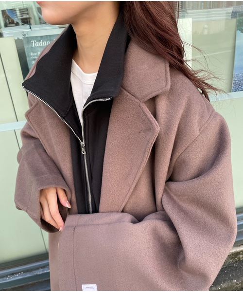 SUPERTHANKS（スーパーサンクス）の「メルトン 無地 オーバーサイズ ロング ビッグシルエット チェスターコート（ユニセックス）MELTON STYLE LONG BIC COAT（チェスターコート・メンズ・グレイッシュベージュ/チャコールグレー/ブラック・S/M/L）」の6枚目の写真