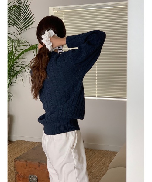 MINS MINIS（ミンスミニス）の「ハーフジップケーブルニットプルオーバー（ニット/セーター・レディース・ネイビー/ベージュ/カーキ・FREE）」の9枚目の写真