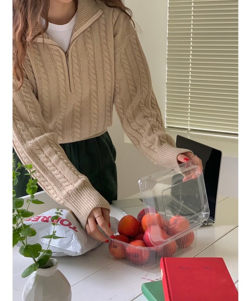 MINS MINIS（ミンスミニス）の「ハーフジップケーブルニットプルオーバー（ニット/セーター・レディース・ネイビー/ベージュ/カーキ・FREE）」の11枚目の写真