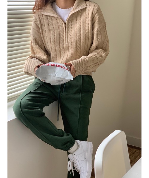 MINS MINIS（ミンスミニス）の「ハーフジップケーブルニットプルオーバー（ニット/セーター・レディース・ネイビー/ベージュ/カーキ・FREE）」の13枚目の写真