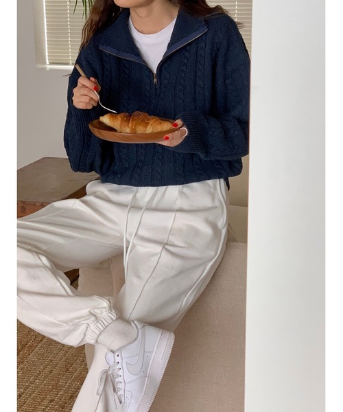 MINS MINIS（ミンスミニス）の「ハーフジップケーブルニットプルオーバー（ニット/セーター・レディース・ネイビー/ベージュ/カーキ・FREE）」の14枚目の写真