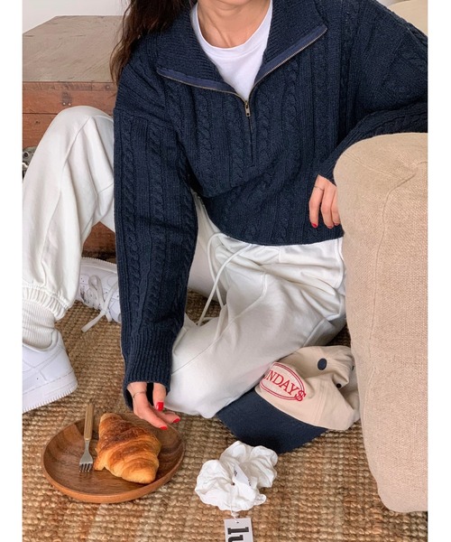 MINS MINIS（ミンスミニス）の「ハーフジップケーブルニットプルオーバー（ニット/セーター・レディース・ネイビー/ベージュ/カーキ・FREE）」の15枚目の写真