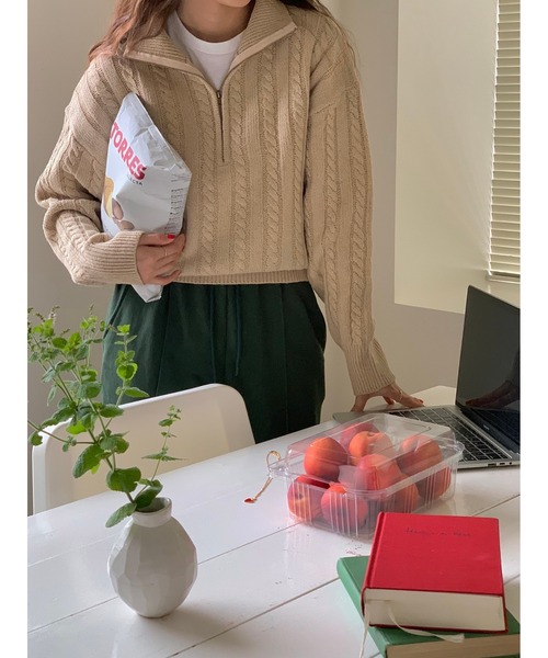 MINS MINIS（ミンスミニス）の「ハーフジップケーブルニットプルオーバー（ニット/セーター・レディース・ネイビー/ベージュ/カーキ・FREE）」の16枚目の写真