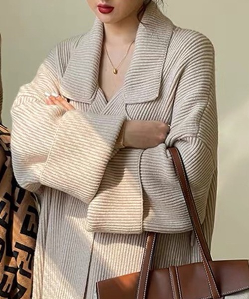 aimoha（アイモハ）の「テーラードカラーロングカーディガン（カーディガン/ボレロ・レディース・オフホワイト/ピンク/ブラック/チョコ/ベージュ/グレー・FREE）」の2枚目の写真