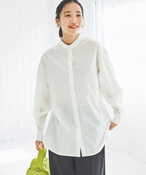 coen(コーエン)の「コットンブレンドバンドカラーシャツ(シャツ/ブラウス・レディース・ホワイト/ライトグレー/ネイビー/ピンク/ターコイズブルー/ライム/オレンジ/ケリー・M/L)」の2枚目の写真