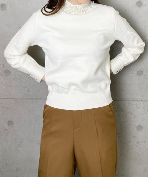 StyleSea（スタイルシー）の「パールビジューハイネックニット（ニット/セーター・レディース・ブラック/ベージュ/ホワイト/エメラルド/ピンク・FREE）」の7枚目の写真