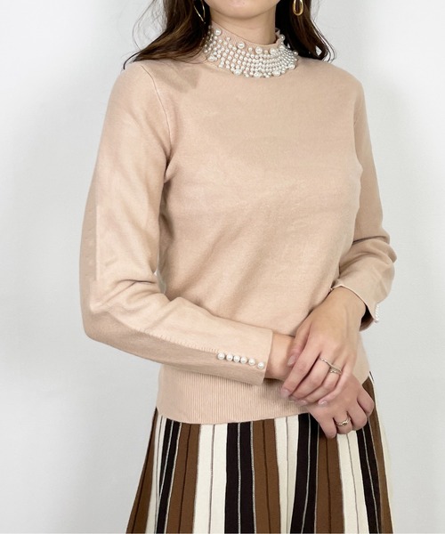 StyleSea（スタイルシー）の「パールビジューハイネックニット（ニット/セーター・レディース・ブラック/ベージュ/ホワイト/エメラルド/ピンク・FREE）」の14枚目の写真