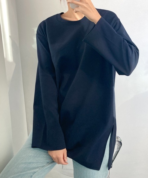 fd style(エフディ スタイル)の「UネックルーズスリットロングTシャツ(Tシャツ/カットソー・レディース・Navy/PINK/Black/Yellow/Purple/White・FREE)」の4枚目の写真