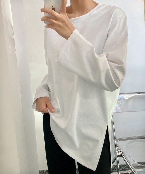 fd style(エフディ スタイル)の「UネックルーズスリットロングTシャツ(Tシャツ/カットソー・レディース・Navy/PINK/Black/Yellow/Purple/White・FREE)」の2枚目の写真