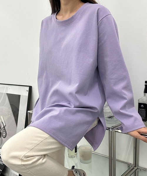 fd style(エフディ スタイル)の「UネックルーズスリットロングTシャツ(Tシャツ/カットソー・レディース・Navy/PINK/Black/Yellow/Purple/White・FREE)」の8枚目の写真