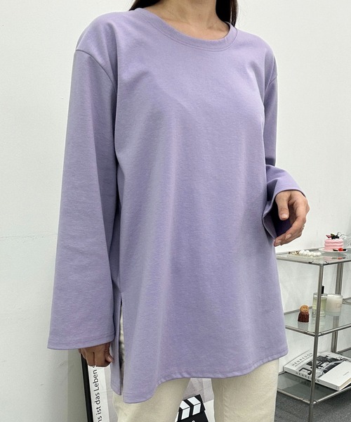 fd style(エフディ スタイル)の「UネックルーズスリットロングTシャツ(Tシャツ/カットソー・レディース・Navy/PINK/Black/Yellow/Purple/White・FREE)」の9枚目の写真