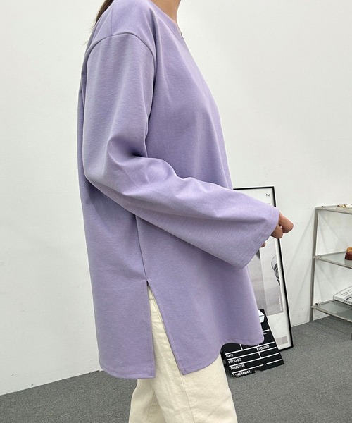 fd style(エフディ スタイル)の「UネックルーズスリットロングTシャツ(Tシャツ/カットソー・レディース・Navy/PINK/Black/Yellow/Purple/White・FREE)」の15枚目の写真