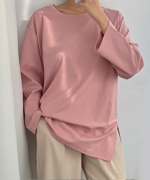 fd style(エフディ スタイル)の「UネックルーズスリットロングTシャツ(Tシャツ/カットソー・レディース・Navy/PINK/Black/Yellow/Purple/White・FREE)」の21枚目の写真