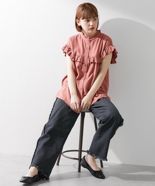 Le temps riche（ルタンリッシュ）の「前後２ＷＡＹフリルブラウス風トップス ＜Le temps riche＞（Tシャツ/カットソー・レディース・ホワイト/ブラック/カーキ/ピンク・M～Ｌ）」の22枚目の写真