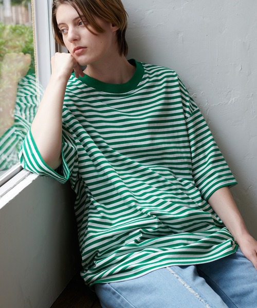 ONCILY（オンシェリー）の「LOOSE BORDER T-SHIRT / ルーズボーダーTシャツ（Tシャツ/カットソー・メンズ・ブラック/ブルー/グリーン・LARGE/SMALL/MEDIUM）」の3枚目の写真