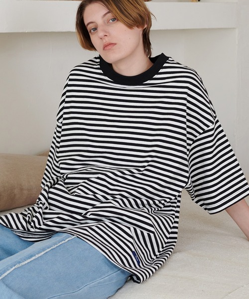 ONCILY（オンシェリー）の「LOOSE BORDER T-SHIRT / ルーズボーダーTシャツ（Tシャツ/カットソー・メンズ・ブラック/ブルー/グリーン・LARGE/SMALL/MEDIUM）」の2枚目の写真