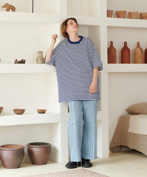 ONCILY（オンシェリー）の「LOOSE BORDER T-SHIRT / ルーズボーダーTシャツ（Tシャツ/カットソー・メンズ・ブラック/ブルー/グリーン・LARGE/SMALL/MEDIUM）」の8枚目の写真