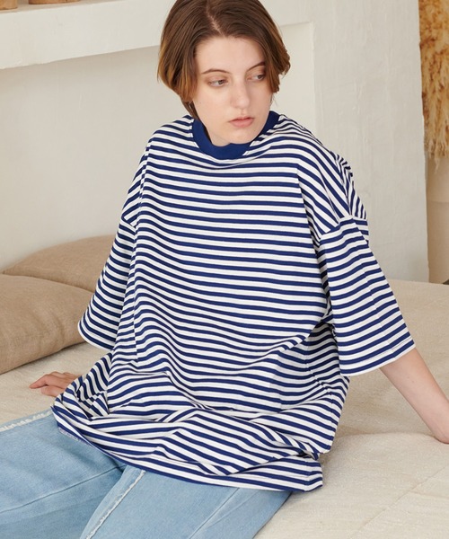 ONCILY（オンシェリー）の「LOOSE BORDER T-SHIRT / ルーズボーダーTシャツ（Tシャツ/カットソー・メンズ・ブラック/ブルー/グリーン・LARGE/SMALL/MEDIUM）」の4枚目の写真