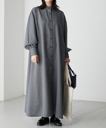 ボリュームスリーブ バンドカラーチェックロングシャツワンピース