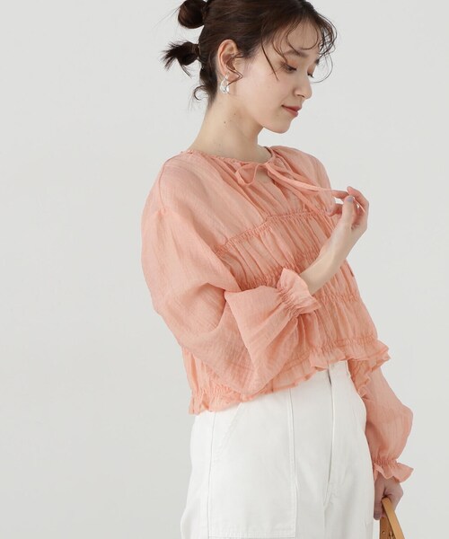N.（N. Natural Beauty Basic）（エヌエヌナチュラルビューティーベーシック）の「◆フロントリボンシュリンクボイルブラウス（シャツ/ブラウス・レディース・サーモンピンク/グレー/クリーム・MEDIUM）」の15枚目の写真