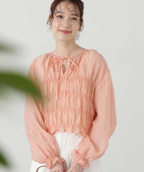 N.（N. Natural Beauty Basic）（エヌエヌナチュラルビューティーベーシック）の「◆フロントリボンシュリンクボイルブラウス（シャツ/ブラウス・レディース・サーモンピンク/グレー/クリーム・MEDIUM）」の16枚目の写真