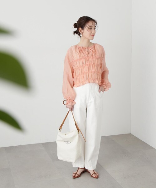 N.（N. Natural Beauty Basic）（エヌエヌナチュラルビューティーベーシック）の「◆フロントリボンシュリンクボイルブラウス（シャツ/ブラウス・レディース・サーモンピンク/グレー/クリーム・MEDIUM）」の18枚目の写真