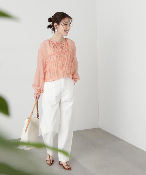 N.（N. Natural Beauty Basic）（エヌエヌナチュラルビューティーベーシック）の「◆フロントリボンシュリンクボイルブラウス（シャツ/ブラウス・レディース・サーモンピンク/グレー/クリーム・MEDIUM）」の19枚目の写真