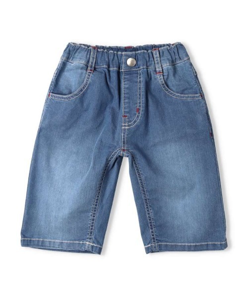 Moujonjon(ムージョンジョン)の「ストレッチデニム6分丈ハーフパンツ(デニムパンツ・キッズ・ネイビー/ブルー・100/140/130/120/110/90)」の1枚目の写真