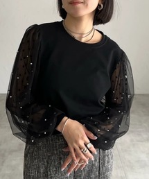 パール付きドットチュールボリューム袖カットソー
