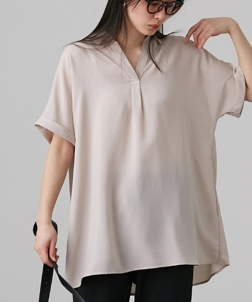 slattgir(スラットジール)の「高身長 麻調スキッパーブラウス(トールサイズ)(シャツ/ブラウス・レディース・ネイビー/ベージュ/グリーン/ピンク/ブルーグレー/カーキ/イエロー/ブラック/ブラウン/ライトグリーン/グレイッシュブルー・M~L/LL~3L/4L~5L)」の5枚目の写真