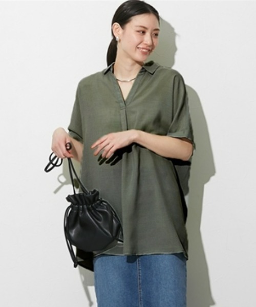 slattgir(スラットジール)の「高身長 麻調スキッパーブラウス(トールサイズ)(シャツ/ブラウス・レディース・ネイビー/ベージュ/グリーン/ピンク/ブルーグレー/カーキ/イエロー/ブラック/ブラウン/ライトグリーン/グレイッシュブルー・M~L/LL~3L/4L~5L)」の6枚目の写真