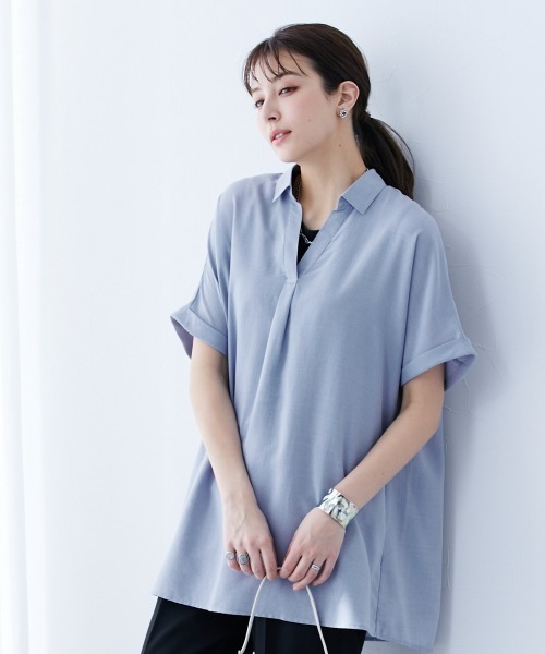 slattgir(スラットジール)の「高身長 麻調スキッパーブラウス(トールサイズ)(シャツ/ブラウス・レディース・ネイビー/ベージュ/グリーン/ピンク/ブルーグレー/カーキ/イエロー/ブラック/ブラウン/ライトグリーン/グレイッシュブルー・M~L/LL~3L/4L~5L)」の3枚目の写真