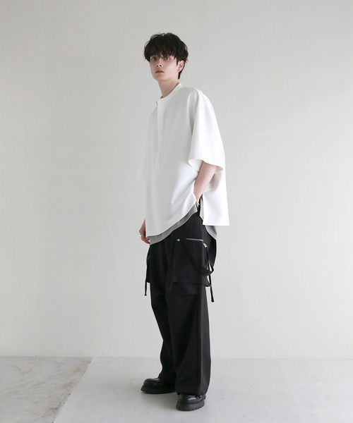 LILL（リル）の「ルーズシルエットドレープハーフジップ半袖シャツ（シャツ/ブラウス・メンズ・ブラック/サックスブルー/ホワイト/ライトグレー・S/M/L/XL）」の13枚目の写真