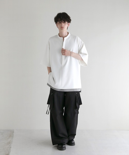 LILL（リル）の「ルーズシルエットドレープハーフジップ半袖シャツ（シャツ/ブラウス・メンズ・ブラック/サックスブルー/ホワイト/ライトグレー・S/M/L/XL）」の15枚目の写真