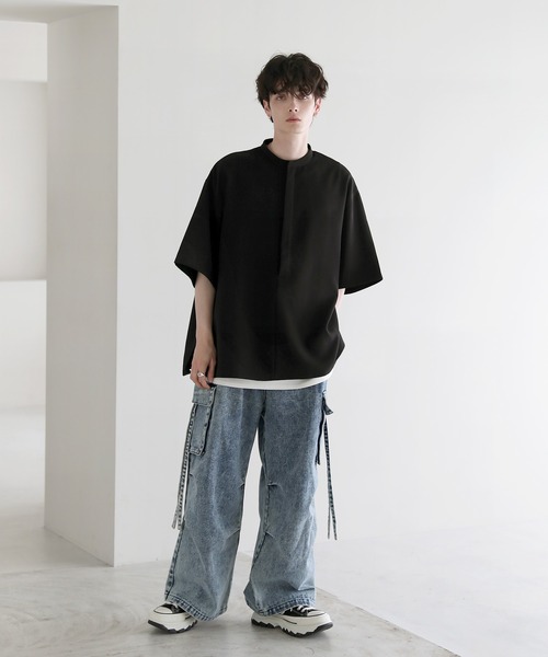 【超特価】 ルーズシルエットドレープハーフジップ半袖シャツ（シャツ メンズウェア