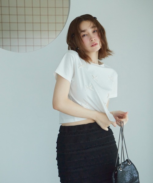 VIS（ビス）の「シルケットリボンTシャツ（Tシャツ/カットソー・レディース・ホワイト/ブラック/グレー系その他・FREE）」の5枚目の写真